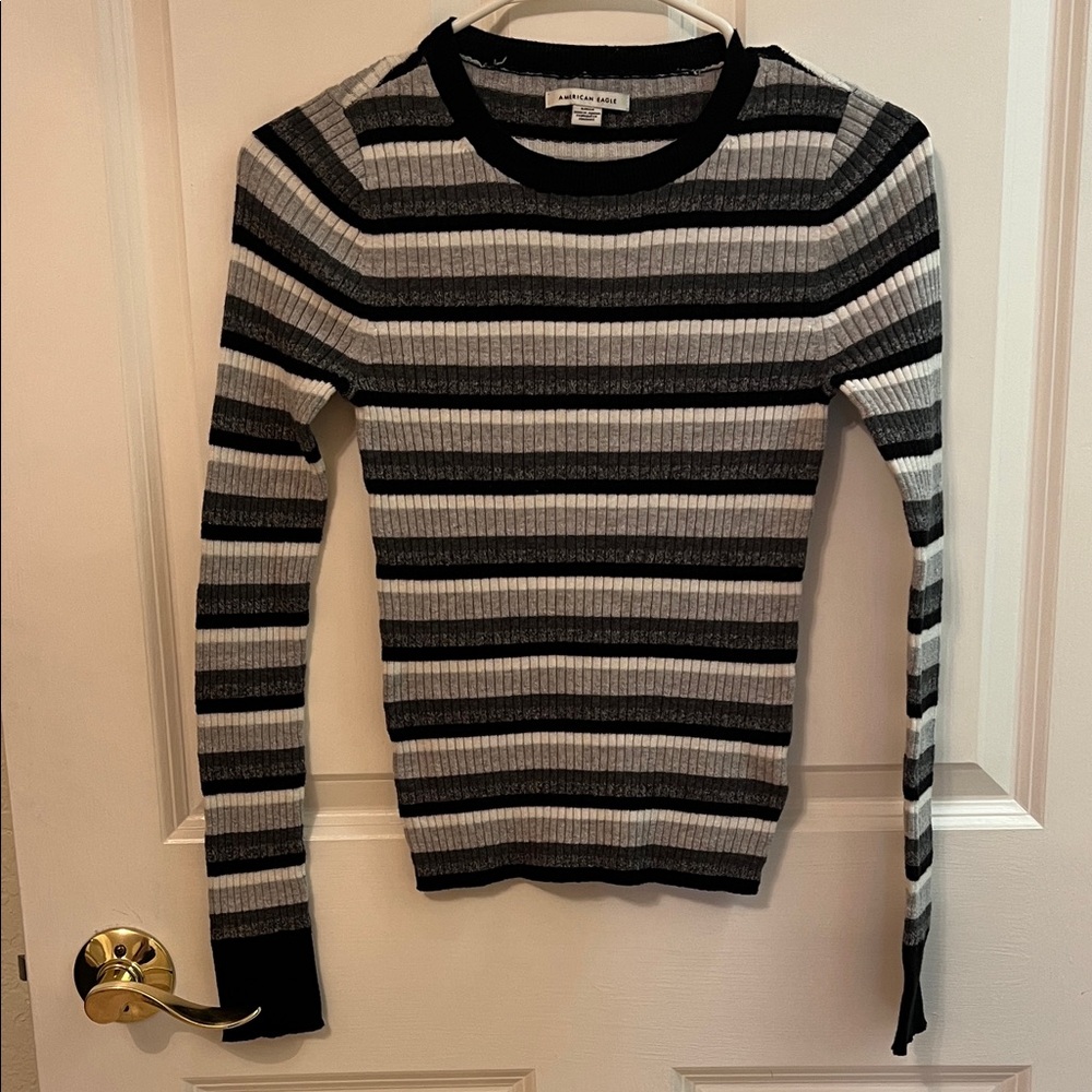 American Eagle Black and Gray Striped Sweater Shirt